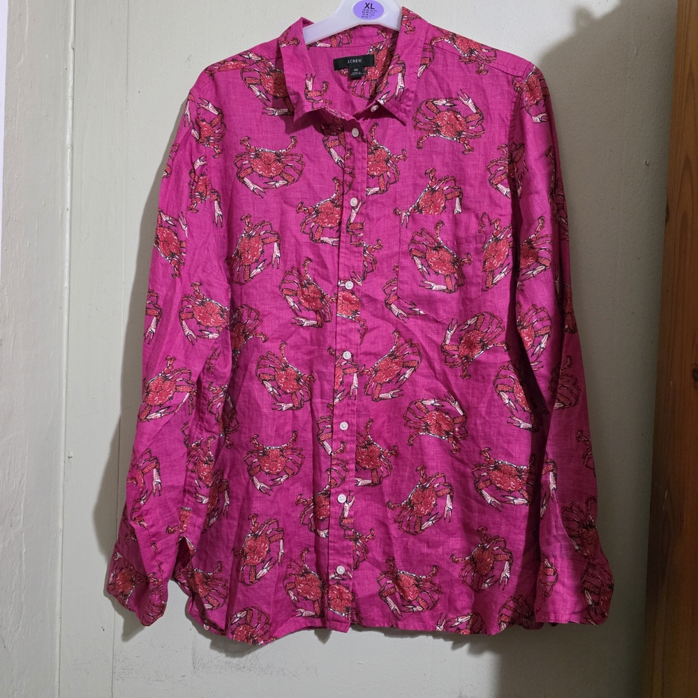J. Crew Hot Pink Crab-Print Long Sleeve Button-Up Used Size 16